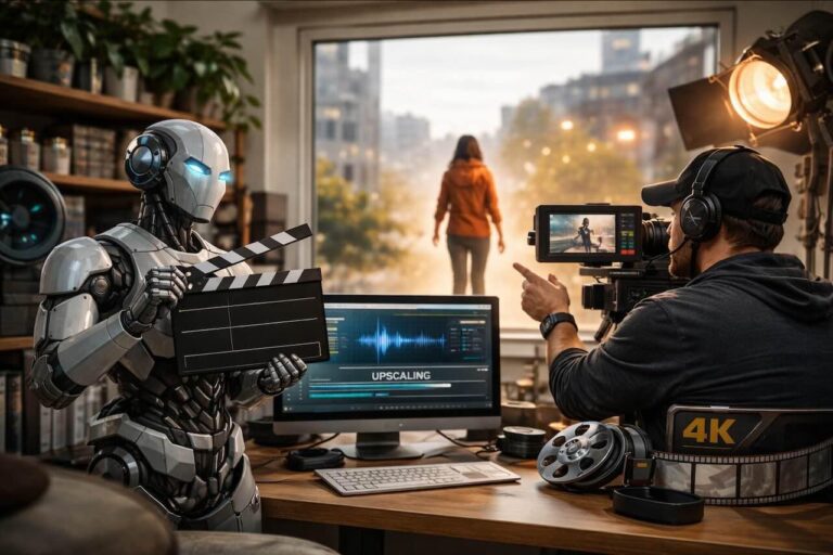 יצירת וידאו קולנועי עם Sora AI – סביבת עבודה עתידנית עם מצלמה וירטואלית ותאורה דינמית