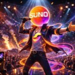 דמות תלת מימדית של Suno מופיעה על במה מול קהל – המחשה ויזואלית להפקת מוזיקה בבינה מלאכותית