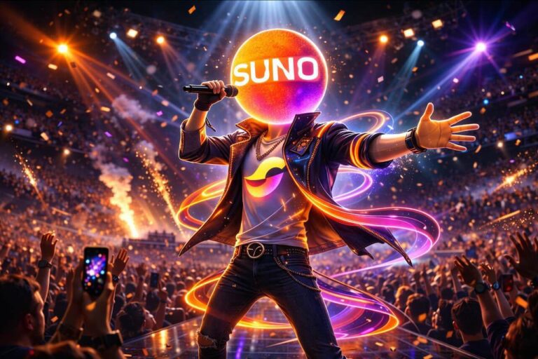 דמות תלת מימדית של Suno מופיעה על במה מול קהל – המחשה ויזואלית להפקת מוזיקה בבינה מלאכותית