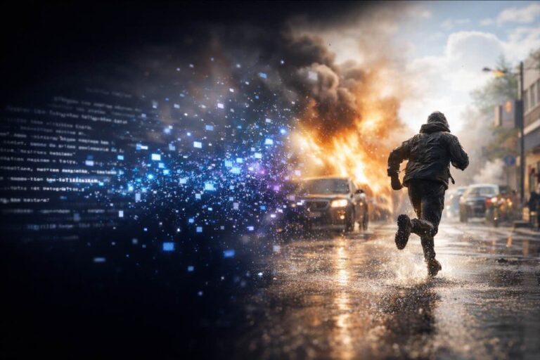 המחשה ויזואלית של טקסט שמתפרק לחלקיקים דיגיטליים והופך לסצנת אקשן קולנועית – מאחורי הקלעים של מודלי Text-to-Video