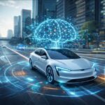 בינה מלאכותית בעולם הרכב – רכב חכם עם מערכת AI בעיר מודרנית
