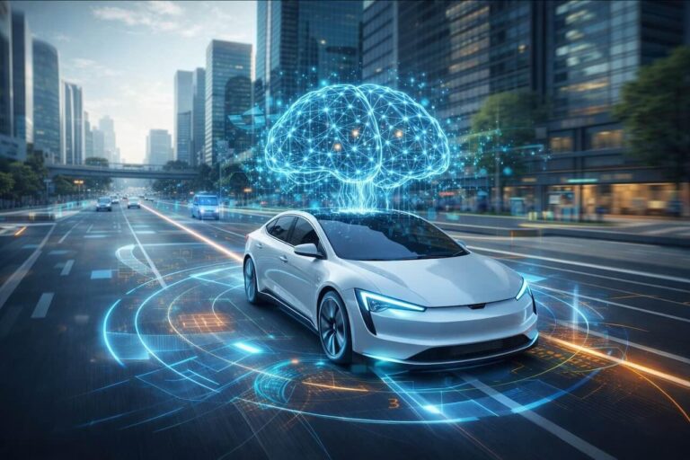 בינה מלאכותית בעולם הרכב – רכב חכם עם מערכת AI בעיר מודרנית