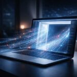 אתר אינטרנט מוצג כמסך מחשב פתוח שממנו זורמים נתונים החוצה, המדמה חשיפת מידע דרך מערכות AI