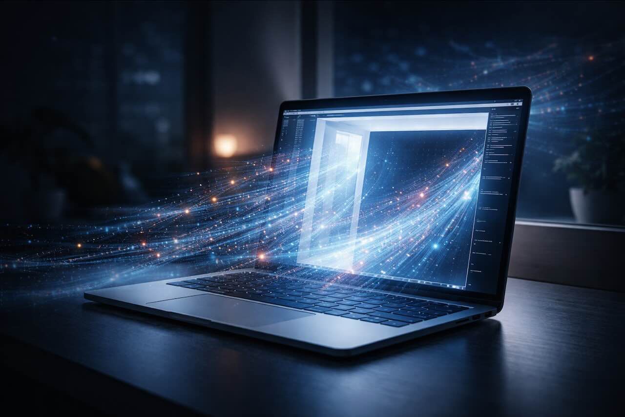 אתר אינטרנט מוצג כמסך מחשב פתוח שממנו זורמים נתונים החוצה, המדמה חשיפת מידע דרך מערכות AI