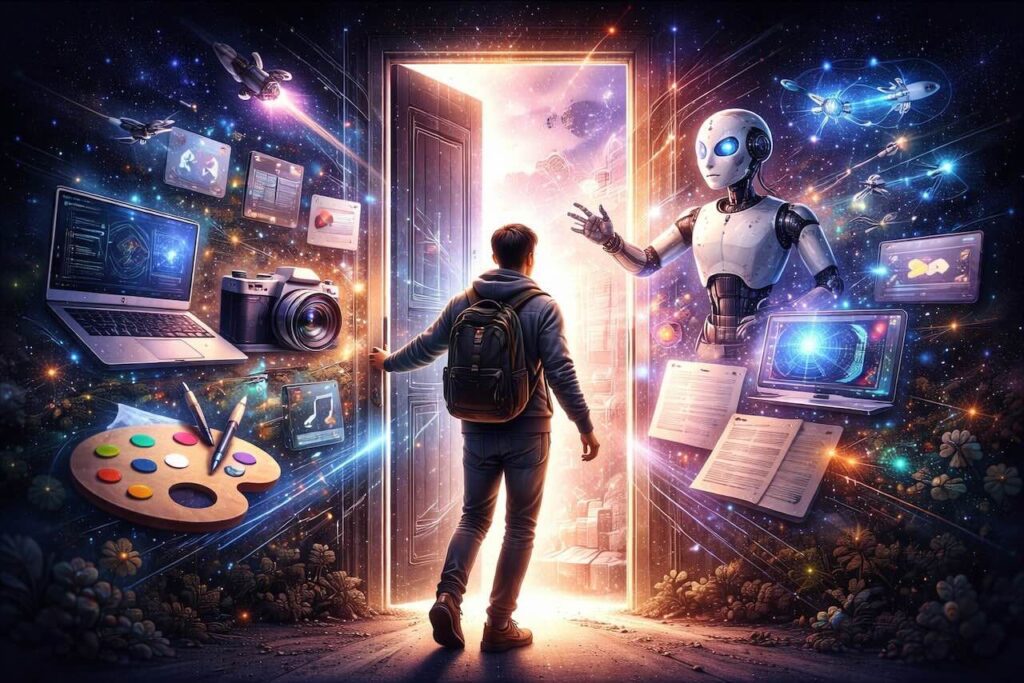 אדם פותח דלת לעולם של כלי בינה מלאכותית – תמונה שממחישה את הכניסה לעולם ה-AI בשנת 2026