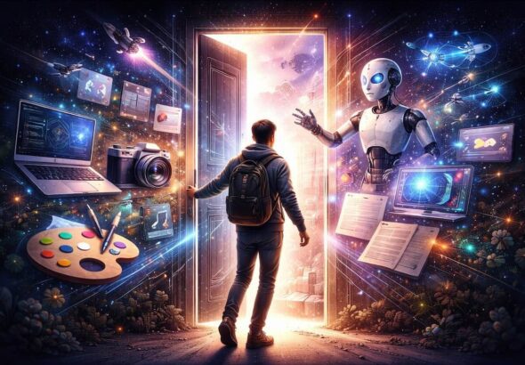 אדם פותח דלת לעולם של כלי בינה מלאכותית – תמונה שממחישה את הכניסה לעולם ה-AI בשנת 2026