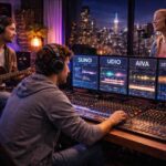 צעירים עובדים באולפן הקלטות מודרני עם כלי AI ליצירת מוזיקה כמו Suno, Udio, AIVA ו-Stable Audio