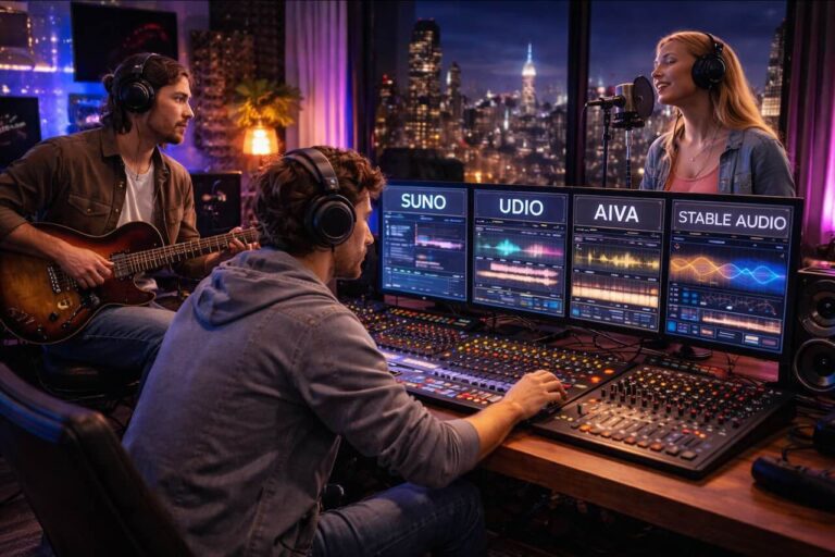 צעירים עובדים באולפן הקלטות מודרני עם כלי AI ליצירת מוזיקה כמו Suno, Udio, AIVA ו-Stable Audio