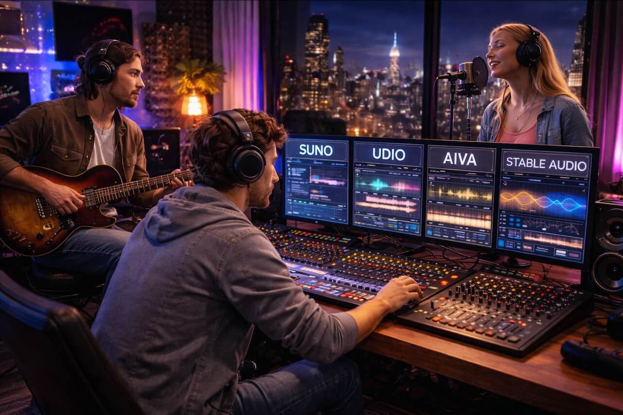 צעירים עובדים באולפן הקלטות מודרני עם כלי AI ליצירת מוזיקה כמו Suno, Udio, AIVA ו-Stable Audio
