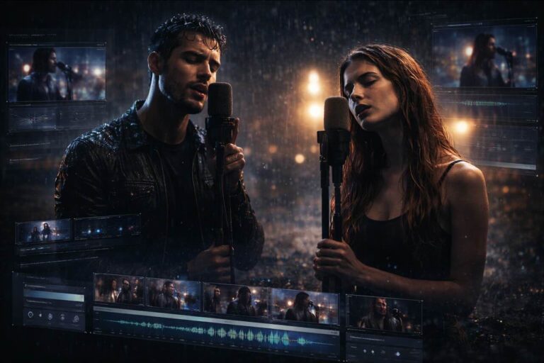 יצירת קליפ מוזיקלי באמצעות Runway ML ו-Freebeat בסצנה קולנועית עם זמר וזמרת בגשם