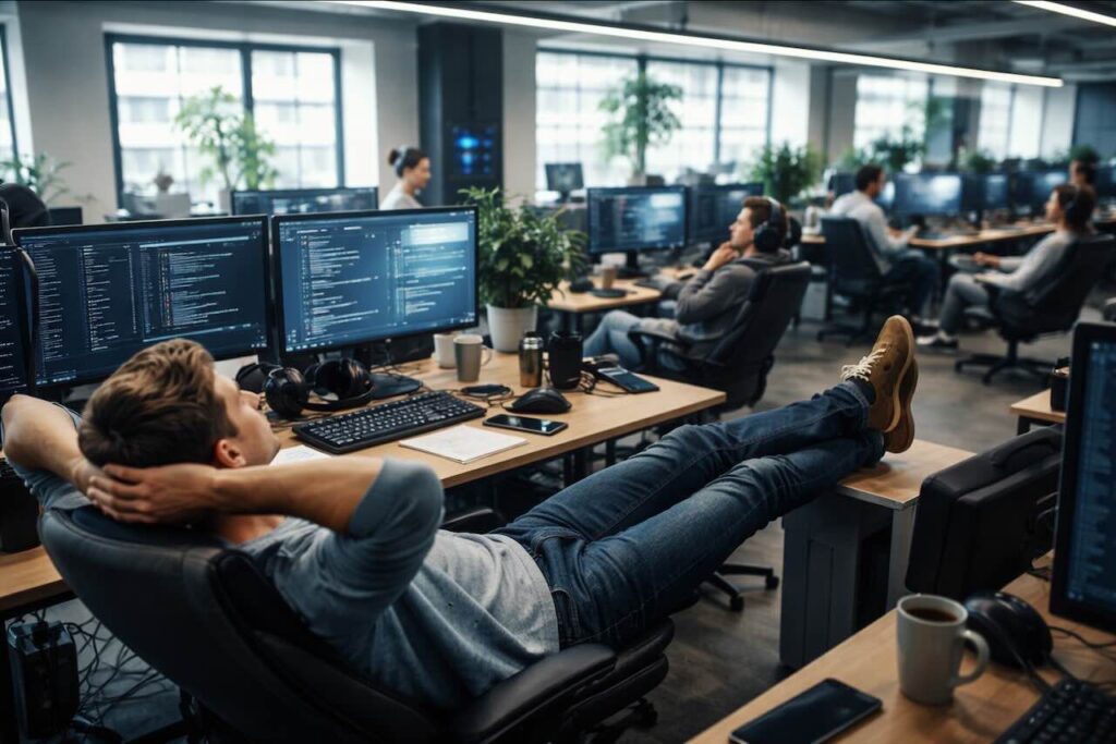 מתכנתים עובדים לצד מערכות בינה מלאכותית שכותבות קוד במשרד הייטק מודרני