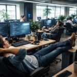 מתכנתים עובדים לצד מערכות בינה מלאכותית שכותבות קוד במשרד הייטק מודרני