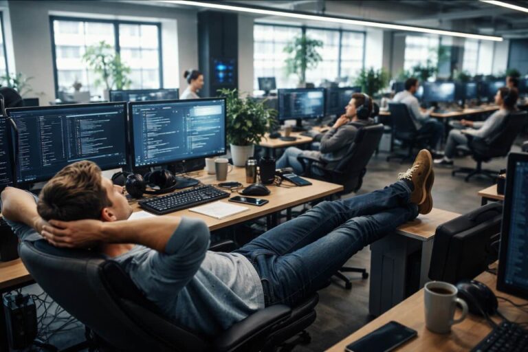 מתכנתים עובדים לצד מערכות בינה מלאכותית שכותבות קוד במשרד הייטק מודרני