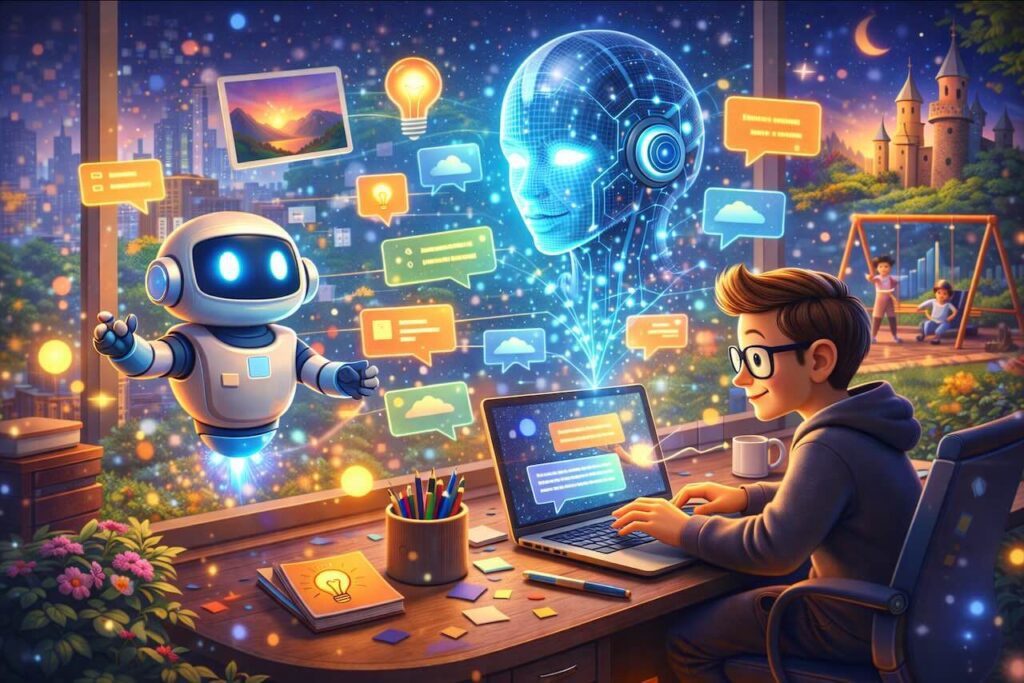 איור בסגנון פיקסר של אדם כותב פרומטים לבינה מלאכותית במחשב עם ממשק AI הולוגרפי