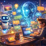 איור בסגנון פיקסר של אדם כותב פרומטים לבינה מלאכותית במחשב עם ממשק AI הולוגרפי