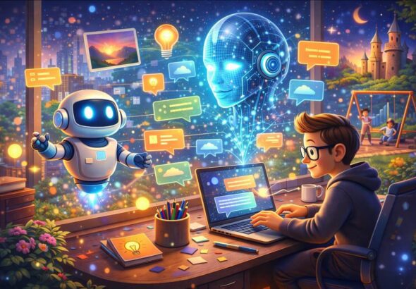איור בסגנון פיקסר של אדם כותב פרומטים לבינה מלאכותית במחשב עם ממשק AI הולוגרפי