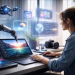 אישה עובדת על מחשב עם כלים מתקדמים שממחישים עבודה חכמה עם AI בשנת 2026