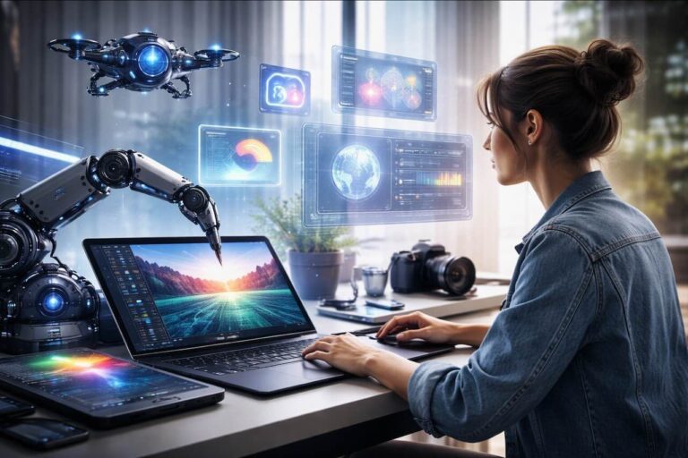 אישה עובדת על מחשב עם כלים מתקדמים שממחישים עבודה חכמה עם AI בשנת 2026