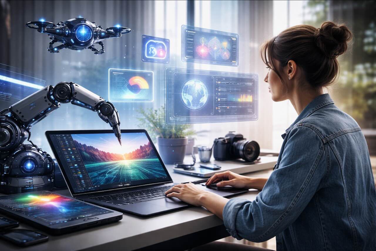 אישה עובדת על מחשב עם כלים מתקדמים שממחישים עבודה חכמה עם AI בשנת 2026