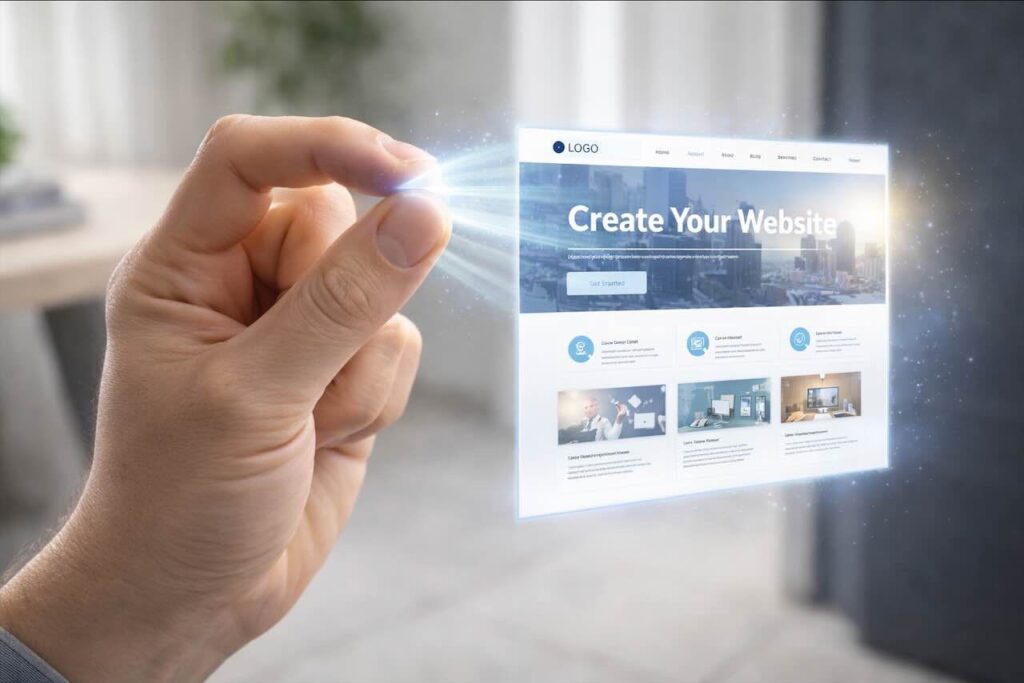 יצירת אתר אינטרנט באמצעות בינה מלאכותית בתנועת יד, המחשה ויזואלית של AI website builder