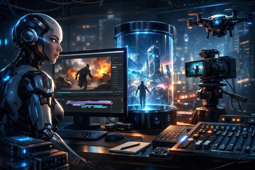 סטודיו יצירת וידאו עם Kling AI המציג יצירת סרטונים באמצעות בינה מלאכותית עם מסך עריכה, מצלמה ורובוט מתקדם