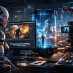 סטודיו יצירת וידאו עם Kling AI המציג יצירת סרטונים באמצעות בינה מלאכותית עם מסך עריכה, מצלמה ורובוט מתקדם