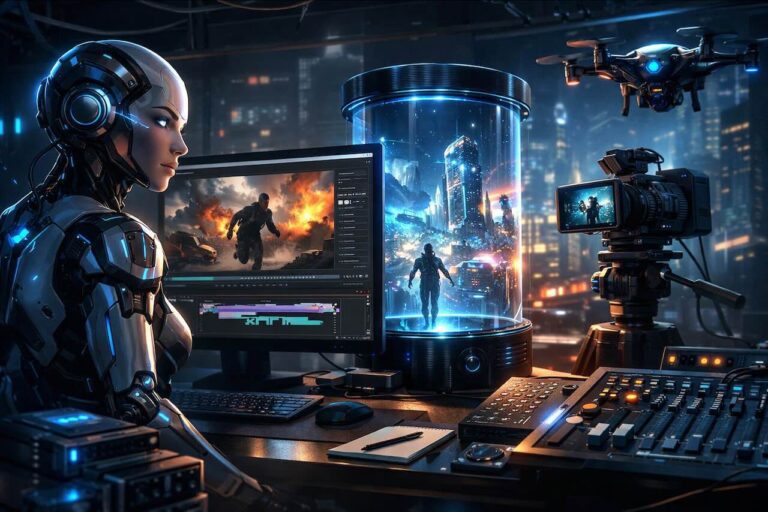 סטודיו יצירת וידאו עם Kling AI המציג יצירת סרטונים באמצעות בינה מלאכותית עם מסך עריכה, מצלמה ורובוט מתקדם