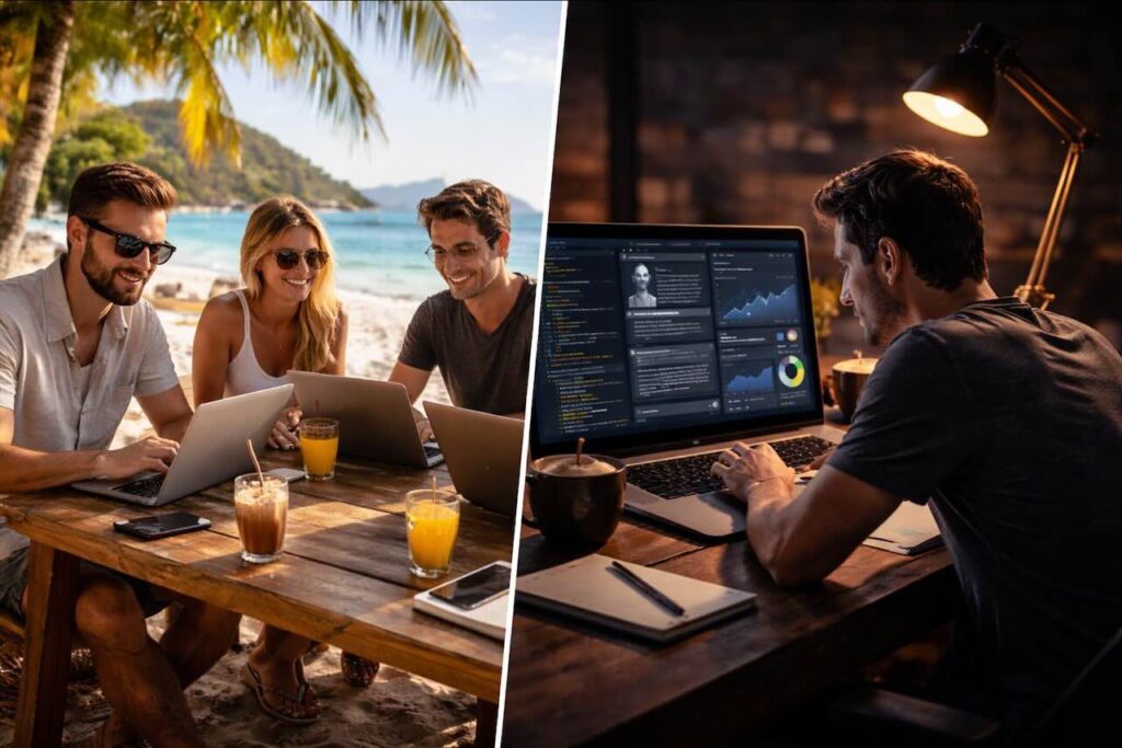 אנשים עובדים עם לפטופים על חוף הים לצד עבודה עם מחשב בלילה – המחשה להרוויח כסף עם AI ולעבוד מכל מקום