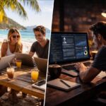 אנשים עובדים עם לפטופים על חוף הים לצד עבודה עם מחשב בלילה – המחשה להרוויח כסף עם AI ולעבוד מכל מקום