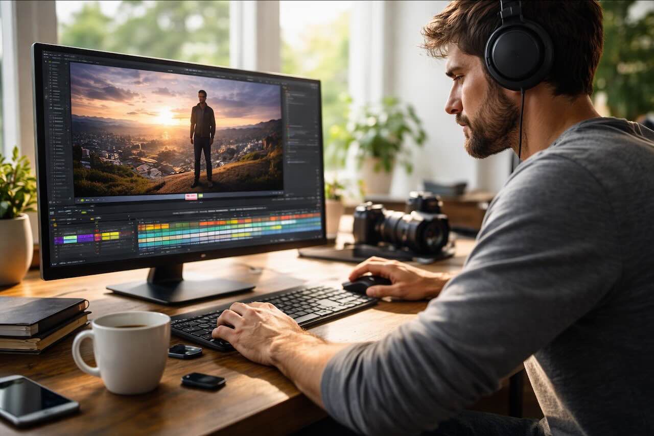 עריכת וידאו מקצועית במחשב עם תוכנת עריכה מתקדמת ויצירת תוכן דינמי