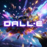 לוגו DALL·E במרכז פיצוץ צבעוני ודמיוני בחלל עם אפקטים זוהרים ואלמנטים סוריאליסטיים