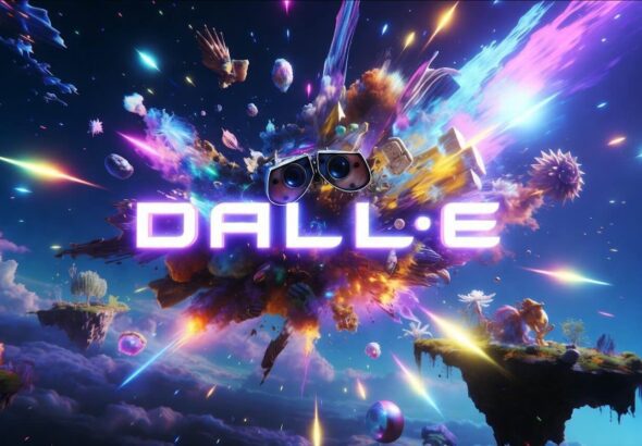 לוגו DALL·E במרכז פיצוץ צבעוני ודמיוני בחלל עם אפקטים זוהרים ואלמנטים סוריאליסטיים