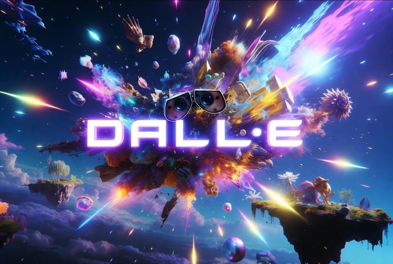 לוגו DALL·E במרכז פיצוץ צבעוני ודמיוני בחלל עם אפקטים זוהרים ואלמנטים סוריאליסטיים