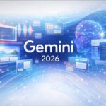 Gemini 2026 של גוגל – המחשה ויזואלית צבעונית של בינה מלאכותית מתקדמת עם ממשקים חכמים וזרימת נתונים דינמית