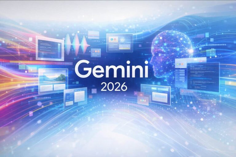 Gemini 2026 של גוגל – המחשה ויזואלית צבעונית של בינה מלאכותית מתקדמת עם ממשקים חכמים וזרימת נתונים דינמית