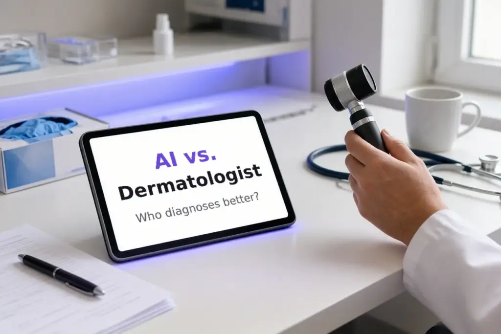 טאבלט על שולחן במרפאה עם הכיתוב AI vs. Dermatologist, ויד בחלוק לבן מחזיקה דרמטוסקופ לצד סטטוסקופ, באור לד סגול-כחול