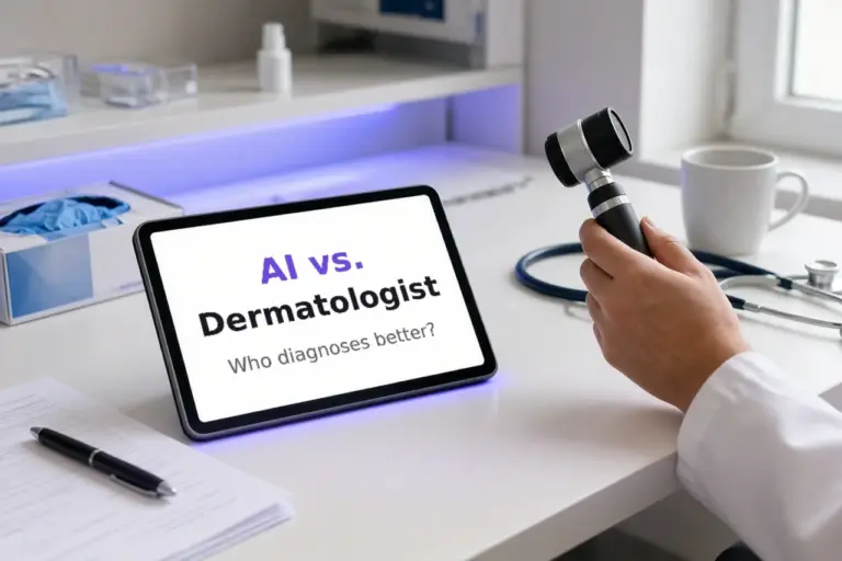 טאבלט על שולחן במרפאה עם הכיתוב AI vs. Dermatologist, ויד בחלוק לבן מחזיקה דרמטוסקופ לצד סטטוסקופ, באור לד סגול-כחול