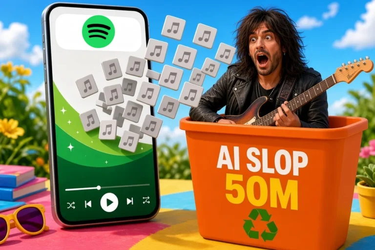 מוזיקאי מופתע בתוך פח מחזור של AI Slop ליד טלפון עם Spotify שמעיף שירים מההמלצות