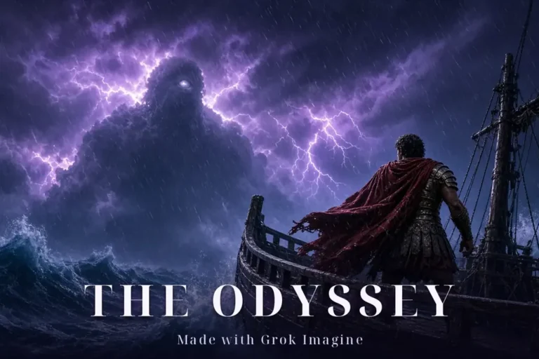 האודיסיאה של Grok Imagine: פוסטר קולנועי של גיבור יווני בגלימה אדומה על סיפון ספינה בים סוער, מול ענק בעל עין אחת שמגיח מתוך ברקים בתאורה סגולה-כחולה